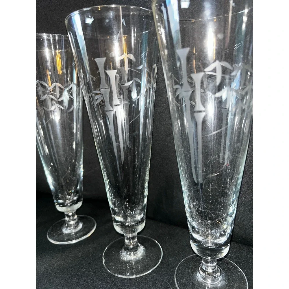 Set of 6 Vintage Bamboo Etched Footed‎ Glasses Champagne Flutes Tall Pilsner MCM
